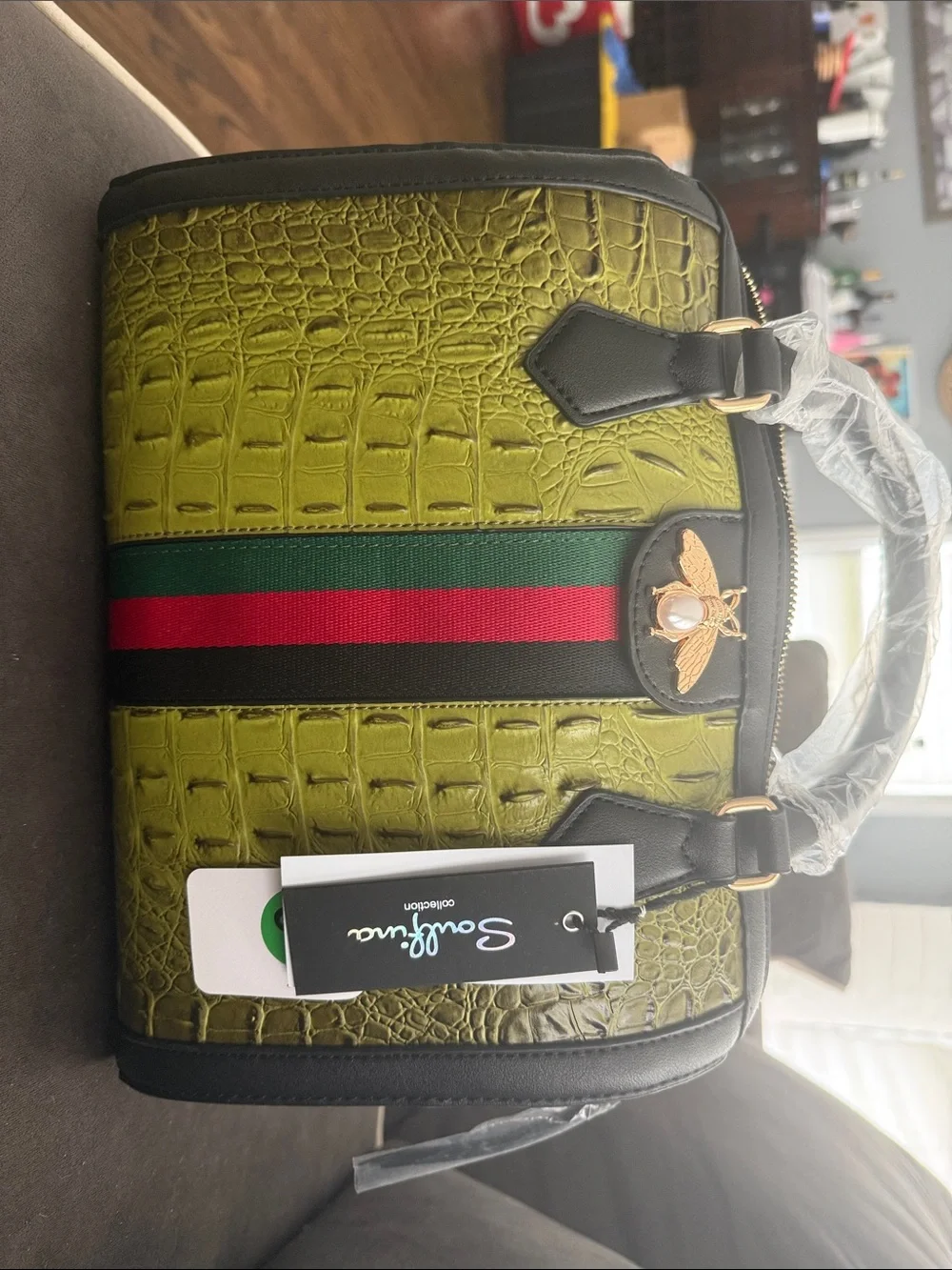 Green Croc-Embossed Satchel with Red & Green Stripe